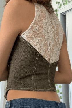 Paneled Lace Button Front Corset Top - Y2K Fashion Coquette Aesthetic Grunge Style
