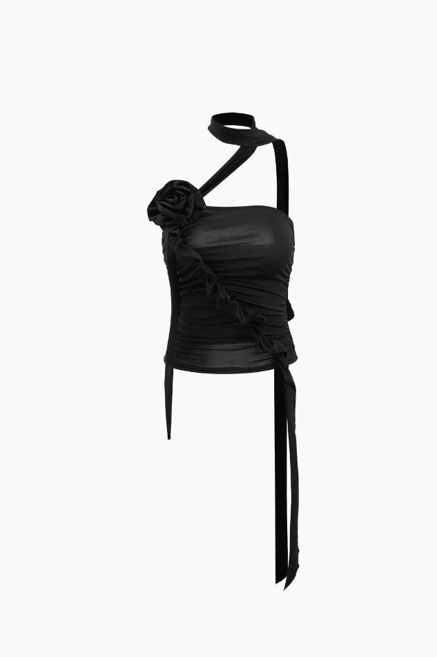 Pastel Goth Halter Flower Applique Ruffle Cami Top - Y2K Fashion Aesthetic