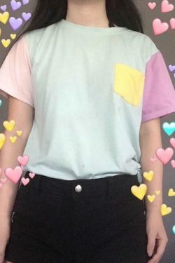 Pastel Patches T-Shirt: Y2K Fashion with Coquette & Grunge Aesthetics, Cute Tops & Cargo Skirt Vibes