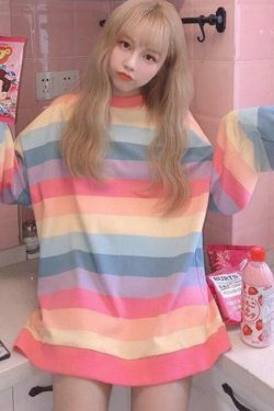 Pastel Rainbow Jumper: Y2K Aesthetic Top - Coquette Style with Grunge Twist