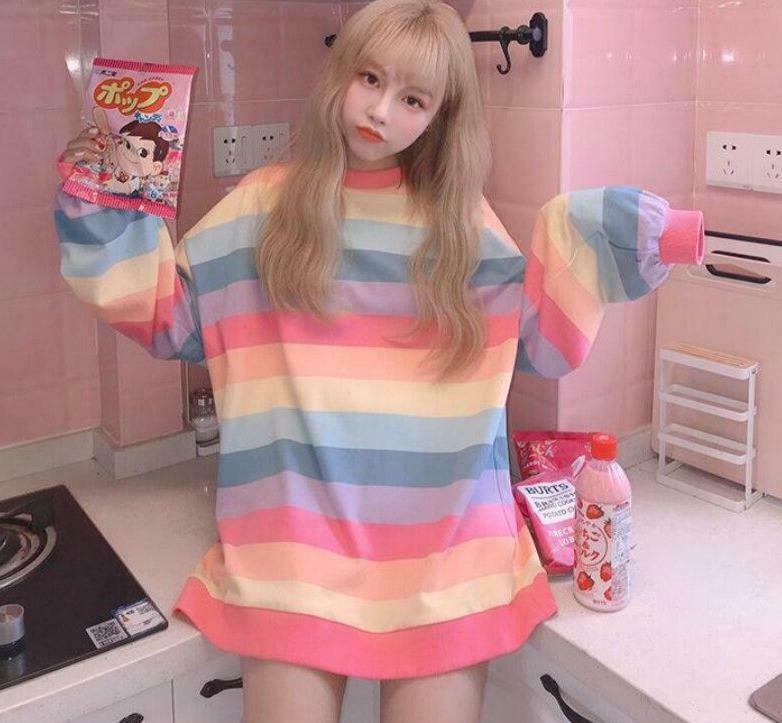 Pastel Rainbow Jumper: Y2K Aesthetic Top - Coquette Style with Grunge Twist Pastel Rainbow Jumper: Y2K Aesthetic Top - Coquette Style with Grunge Twist