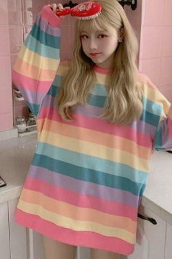 Pastel Rainbow Jumper: Y2K Aesthetic Top - Coquette Style with Grunge Twist