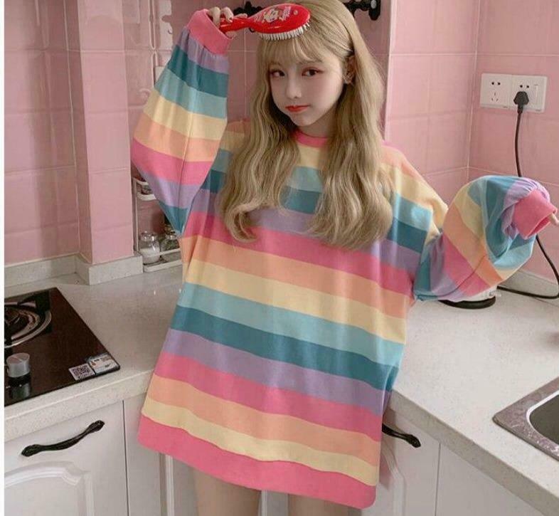 Pastel Rainbow Jumper: Y2K Aesthetic Top - Coquette Style with Grunge Twist Pastel Rainbow Jumper: Y2K Aesthetic Top - Coquette Style with Grunge Twist