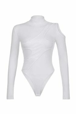 Patchwork Cutout White Long Sleeve Bodysuit - Y2K Fashion Coquette Aesthetic Grunge Style
