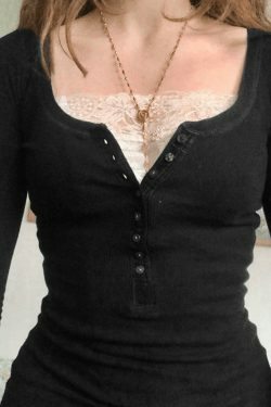 Patchwork Lace Buttoned Tee: Y2K Fashion Top with Coquette Aesthetic & Grunge Vibes