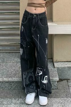 Patchwork Paisley Print Boyfriend Jeans - Y2K Fashion Statement - Coquette Aesthetic with