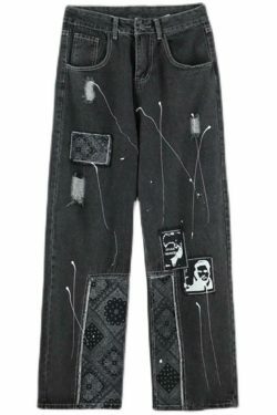 Patchwork Paisley Print Boyfriend Jeans - Y2K Fashion Statement - Coquette Aesthetic with