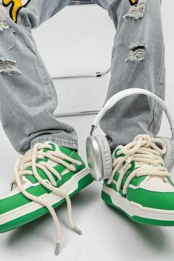 Phat Lace Sneakers - Cloud White/Black, Y2K Aesthetic Shoes for Women, Grunge Style Footwear