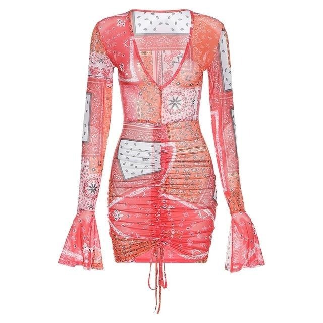 Pink & Red Paisley Mesh Dress - Y2K Fashion Statement with Coquette Aesthetic Twist