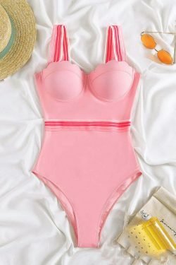 Pink One-Piece Strap Bikini for Y2K Aesthetic Fashionistas: Coquette, Grunge, and Pastel Goth Vibes