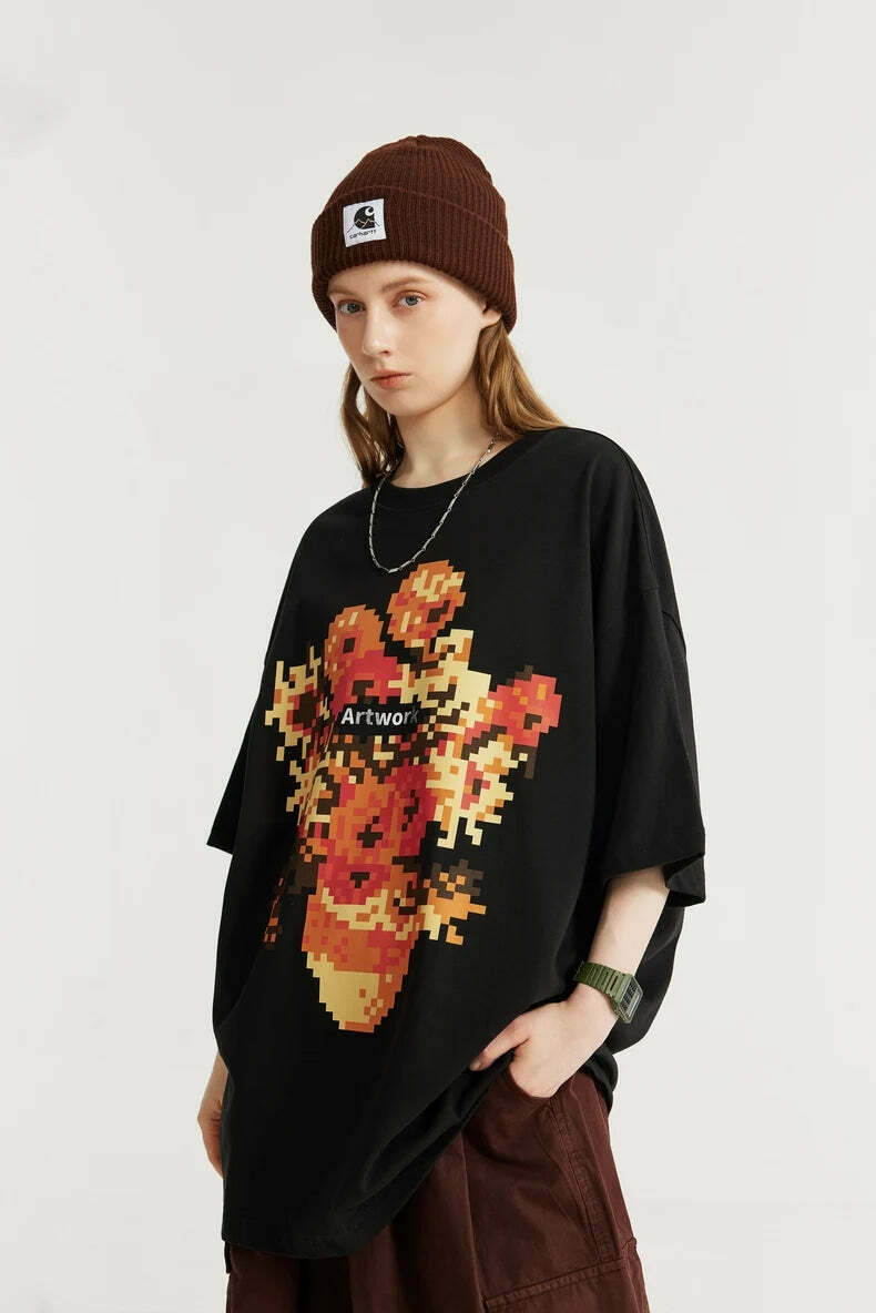 Pixelated Flowers Graphic Tee - Y2K Fashion Aesthetic Shirt for Women Pixelated Flowers Graphic Tee - Y2K Fashion Aesthetic Shirt for Women