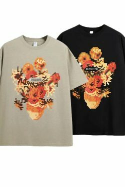 Pixelated Flowers Graphic Tee - Y2K Fashion Aesthetic Shirt for Women