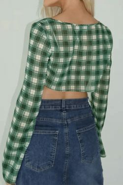 Plaid Lace Up Ultra Short Sleeve Tee - Y2K Aesthetic Grunge Coquette Style