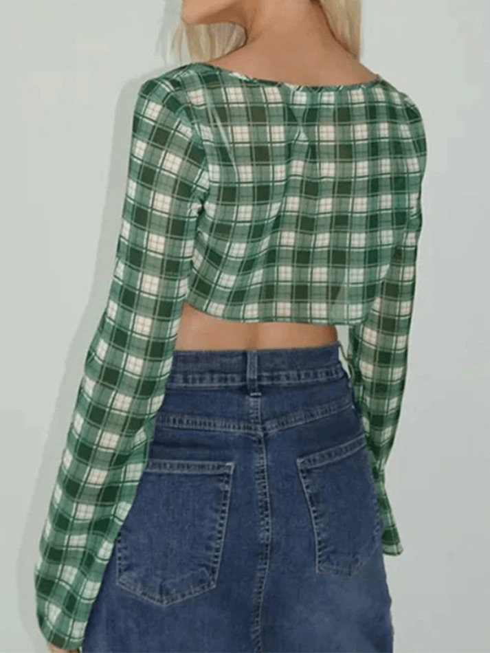 Plaid Lace Up Ultra Short Sleeve Tee - Y2K Aesthetic Grunge Coquette Style