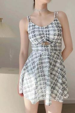 Plaid Metallic Cut Out Mini Swimwear Dress - Y2K Fashion Statement for Women