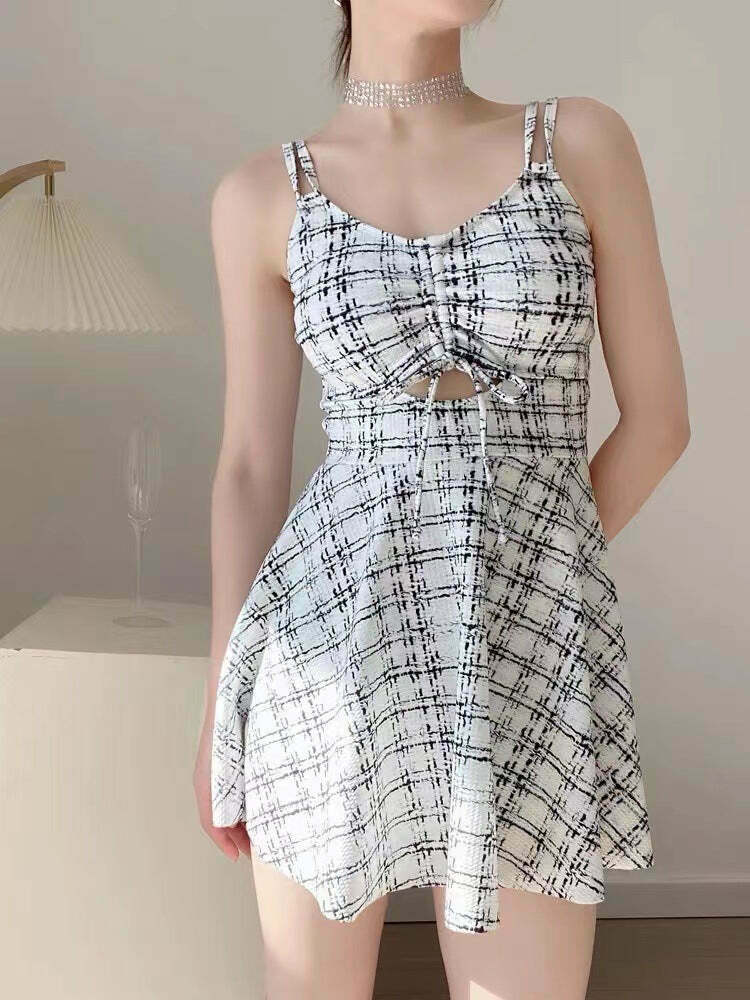 Plaid Metallic Cut Out Mini Swimwear Dress - Y2K Fashion Statement for Women Plaid Metallic Cut Out Mini Swimwear Dress - Y2K Fashion Statement for Women