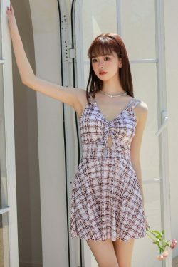 Plaid Metallic Cut Out Mini Swimwear Dress - Y2K Fashion Statement for Women