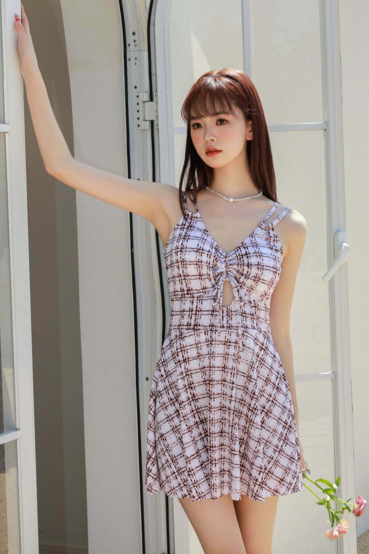 Plaid Metallic Cut Out Mini Swimwear Dress - Y2K Fashion Statement for Women Plaid Metallic Cut Out Mini Swimwear Dress - Y2K Fashion Statement for Women