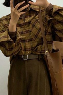 Plaid Print Loose Long Sleeve Blouse - Y2K Fashion Aesthetic - Coquette Style Grunge Outfits