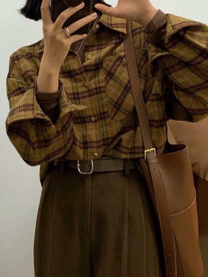 Plaid Print Loose Long Sleeve Blouse - Y2K Fashion Aesthetic - Coquette Style Grunge Outfits Plaid Print Loose Long Sleeve Blouse - Y2K Fashion Aesthetic - Coquette Style Grunge Outfits