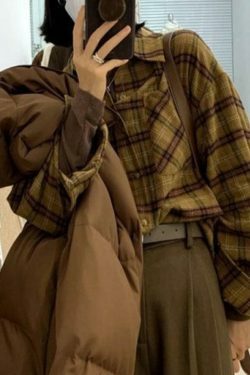 Plaid Print Loose Long Sleeve Blouse - Y2K Fashion Aesthetic - Coquette Style Grunge Outfits