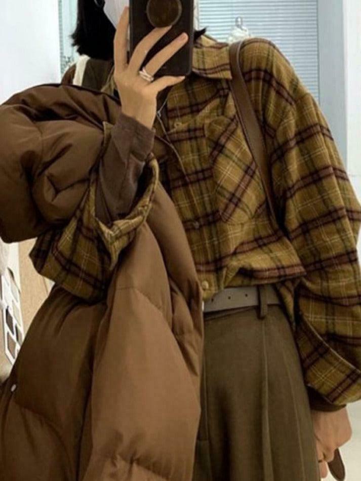 Plaid Print Loose Long Sleeve Blouse - Y2K Fashion Aesthetic - Coquette Style Grunge Outfits Plaid Print Loose Long Sleeve Blouse - Y2K Fashion Aesthetic - Coquette Style Grunge Outfits