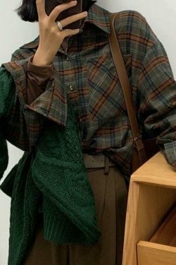 Plaid Print Loose Long Sleeve Blouse - Y2K Fashion Aesthetic - Coquette Style Grunge Outfits