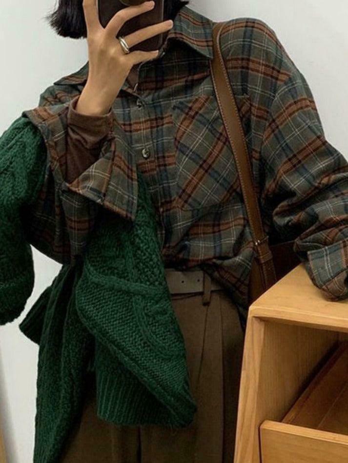 Plaid Print Loose Long Sleeve Blouse - Y2K Fashion Aesthetic - Coquette Style Grunge Outfits Plaid Print Loose Long Sleeve Blouse - Y2K Fashion Aesthetic - Coquette Style Grunge Outfits