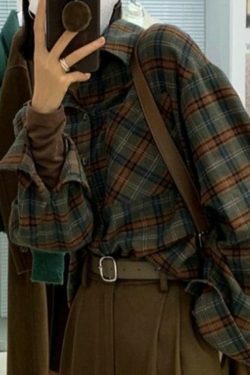 Plaid Print Loose Long Sleeve Blouse - Y2K Fashion Aesthetic - Coquette Style Grunge Outfits