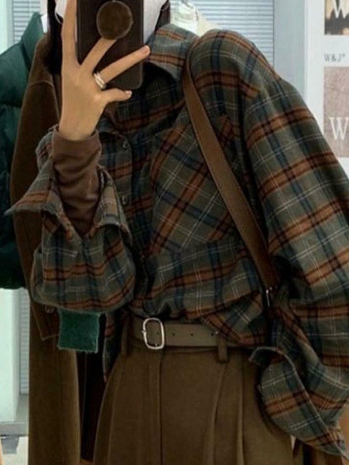 Plaid Print Loose Long Sleeve Blouse - Y2K Fashion Aesthetic - Coquette Style Grunge Outfits Plaid Print Loose Long Sleeve Blouse - Y2K Fashion Aesthetic - Coquette Style Grunge Outfits