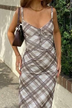 Plaid Print V Neck Midi Dress - Y2K Aesthetic Fashion for Women - Coquette Style Outfit