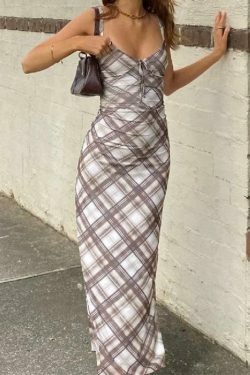 Plaid Print V Neck Midi Dress - Y2K Aesthetic Fashion for Women - Coquette Style Outfit