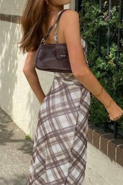 Plaid Print V Neck Midi Dress - Y2K Aesthetic Fashion for Women - Coquette Style Outfit