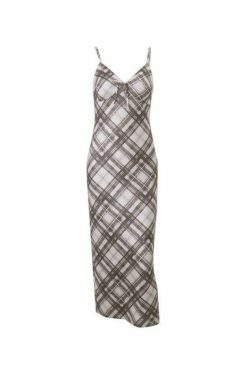 Plaid Print V Neck Midi Dress - Y2K Aesthetic Fashion for Women - Coquette Style Outfit