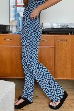 Psychedelic Checkerboard Print Wide-Leg Cargo Skirt for Y2K Aesthetic Fashion