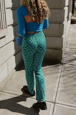 Psychedelic Checkerboard Print Wide-Leg Cargo Skirt for Y2K Aesthetic Fashion