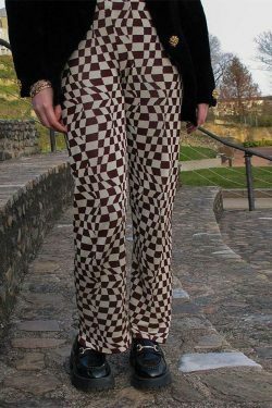 Psychedelic Checkerboard Print Wide-Leg Cargo Skirt for Y2K Aesthetic Fashion