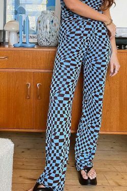 Psychedelic Checkerboard Print Wide-Leg Cargo Skirt for Y2K Aesthetic Fashion