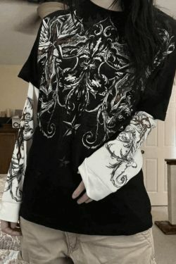 Punk Patchwork Graphic Tee: Y2K Aesthetic with Coquette & Grunge Style