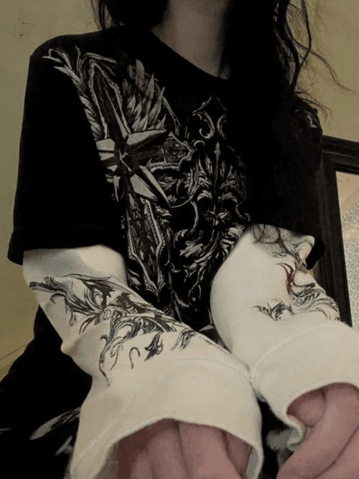 Punk Patchwork Graphic Tee: Y2K Aesthetic with Coquette & Grunge Style Punk Patchwork Graphic Tee: Y2K Aesthetic with Coquette & Grunge Style