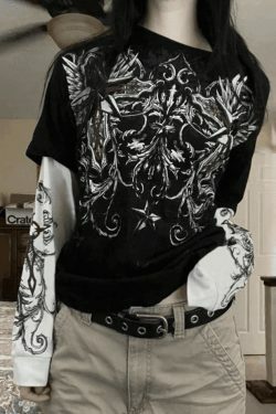 Punk Patchwork Graphic Tee: Y2K Aesthetic with Coquette & Grunge Style