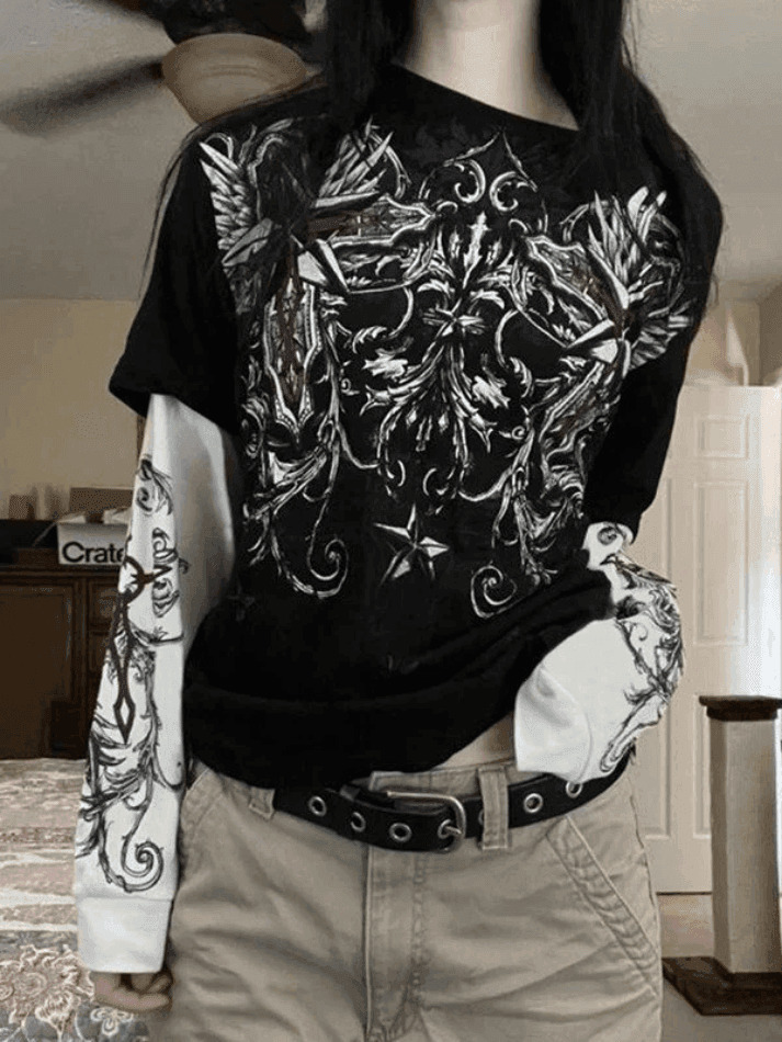 Punk Patchwork Graphic Tee: Y2K Aesthetic with Coquette & Grunge Style Punk Patchwork Graphic Tee: Y2K Aesthetic with Coquette & Grunge Style