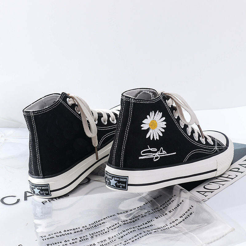 Purple & Black Lace-Up Sneakers with Daisy Decor - Y2K Fashion Aesthetic Women's Shoes