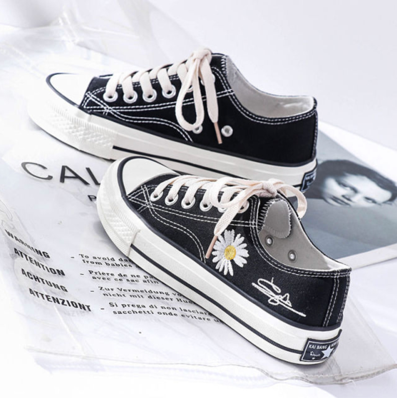 Purple & Black Lace-Up Sneakers with Daisy Decor - Y2K Fashion Aesthetic Women's Shoes