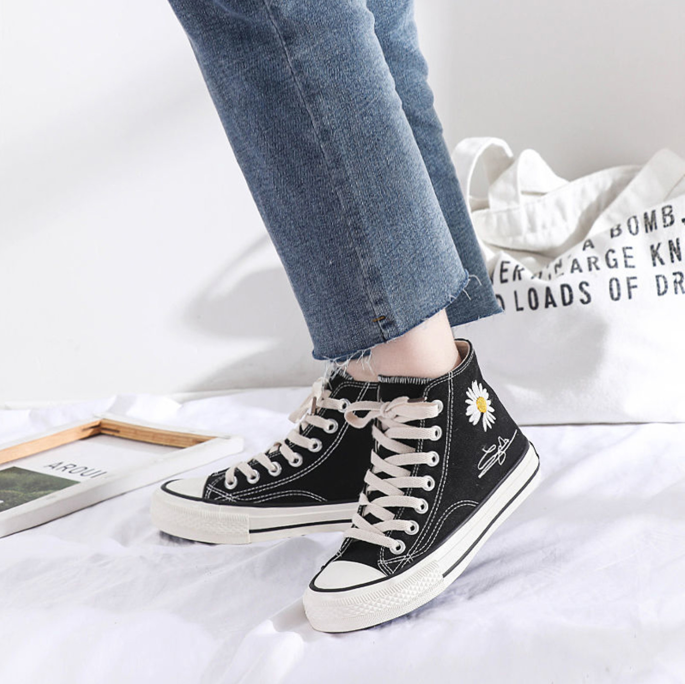 Purple & Black Lace-Up Sneakers with Daisy Decor - Y2K Fashion Aesthetic Women's Shoes