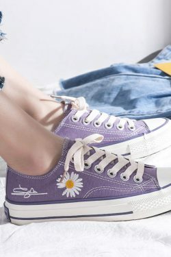 Purple & Black Lace-Up Sneakers with Daisy Decor - Y2K Fashion Aesthetic Women's Shoes
