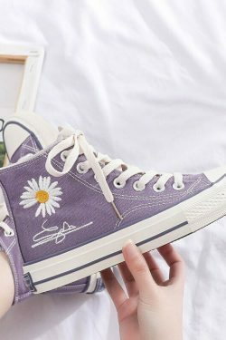 Purple & Black Lace-Up Sneakers with Daisy Decor - Y2K Fashion Aesthetic Women's Shoes