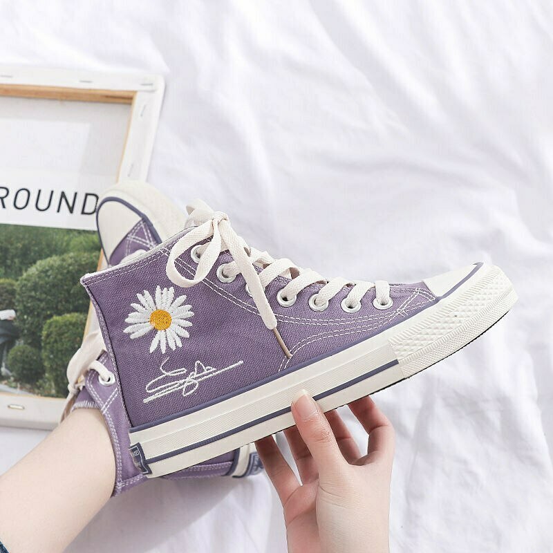 Purple & Black Lace-Up Sneakers with Daisy Decor - Y2K Fashion Aesthetic Women's Shoes