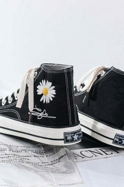Purple & Black Lace-Up Sneakers with Daisy Decor - Y2K Fashion Aesthetic Women's Shoes