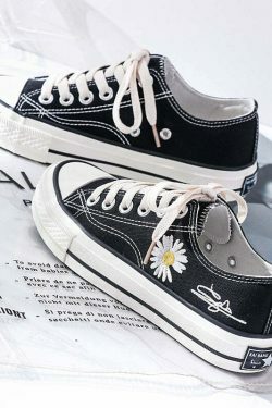 Purple & Black Lace-Up Sneakers with Daisy Decor - Y2K Fashion Aesthetic Women's Shoes